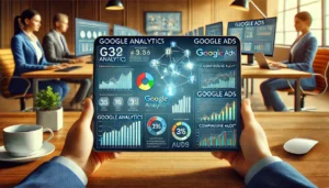 A professional image illustrating the integration of Google Analytics with Google Ads, featuring a computer displaying dashboards from both platforms. The scene highlights key metrics such as conversions, user engagement, and traffic sources, with visual elements like graphs, charts, and connecting lines symbolising the link between the two tools.

