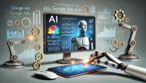  A professional image illustrating the integration of AI and automation in Google Ads audits. The scene features a computer displaying an advanced Google Ads dashboard with AI-driven insights and automated adjustments. Visual elements include gears, circuits, and robotic arms, symbolising automation and artificial intelligence.

