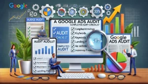 A professional image summarising the importance of a Google Ads audit, featuring a completed audit checklist on a computer screen, with graphs showing performance improvements and a magnifying glass highlighting key areas such as keywords, ad creatives, and landing pages.