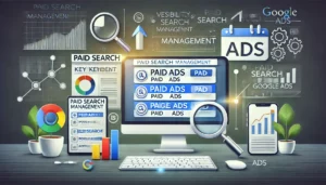 A professional image illustrating paid search management, featuring a computer displaying a search engine results page (SERP) with paid ads highlighted. The scene includes a magnifying glass over keywords, charts showing ad performance, and icons representing platforms like Google Ads, with subtle symbols of visibility and growth in the background.