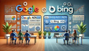 A professional image comparing Google Ads and Bing Ads, featuring a split-screen design with one side showcasing Google Ads and the other Bing Ads. The image includes elements like audience reach, cost-per-click rates, and competition levels, with logos of Google and Bing prominently displayed.

