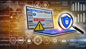 A detailed image illustrating the concept of dealing with click fraud in PPC management, featuring a computer screen displaying alerts and warnings about suspicious activity. The scene includes visual cues like warning symbols, a shield icon for protection, and a magnifying glass highlighting data analysis, all set against a backdrop of monitoring and security symbols.

