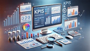 A professional image illustrating Key Performance Indicators (KPIs) in paid search campaigns. The scene features a computer displaying a dashboard with key metrics such as click-through rates (CTR), conversion rates, and cost per acquisition (CPA), along with graphs, charts, and indicators showing performance.