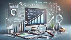 A professional image illustrating the conclusion of paid search management benefits, featuring a computer displaying upward-trending graphs, charts, and key metrics like increased visibility, higher conversion rates, and better ROI. Visual elements include a magnifying glass and arrows pointing towards success, symbolising optimisation and growth.