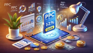 A visually engaging image representing Pay-per-click (PPC) advertising, featuring a tablet displaying a PPC ad on a search engine results page. The scene includes visual elements like a click button, currency symbols, and graphs showing traffic increase, with a spotlight symbolising instant visibility, alongside ecommerce-related icons like shopping carts.