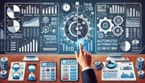 A professional image comparing manual and automated bidding strategies in digital advertising. The scene is divided into two sections, with one showing a hand adjusting a bid manually on a computer screen, and the other depicting automated bidding with gears and algorithms. The image includes graphs and symbols like clocks, representing the time and efficiency factors in choosing between the two strategies.