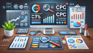 A professional image illustrating the key metrics to track in PPC campaigns, featuring a dashboard displaying Click-Through Rate (CTR), Cost-Per-Click (CPC), and Conversion Rate metrics. The image includes graphs, charts, and indicators showing performance trends, with symbols like magnifying glasses and upward arrows for detailed analysis and positive trends.