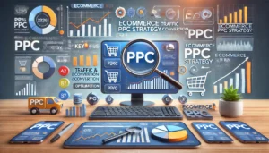 A visually engaging image illustrating the creation of a successful ecommerce PPC strategy, featuring a computer displaying a well-structured PPC dashboard with graphs showing traffic and conversion growth. The scene includes visual cues like a magnifying glass over keywords, arrows pointing towards growth, and shopping cart icons symbolising ecommerce.