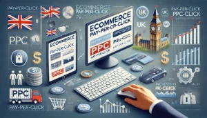 A professional image depicting the concept of Ecommerce PPC (Pay-Per-Click) advertising, featuring a computer displaying an ecommerce website with PPC ads. The image includes a hand clicking on a mouse, pay-per-click icons, upward-trending graphs, and currency symbols, with UK-specific elements like the Union Jack and British landmarks in the background.