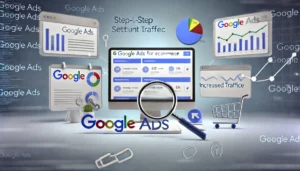 A professional image representing the process of setting up Google Ads for ecommerce, featuring a computer displaying a Google Ads dashboard, a magnifying glass over keywords, and icons like shopping carts and graphs showing increased traffic.

