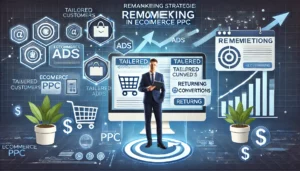 A visually engaging image illustrating remarketing strategies in ecommerce PPC, featuring a computer displaying tailored ads on an ecommerce site, with arrows pointing towards a shopping cart. The scene includes icons representing returning customers and upward-trending graphs, symbolising increased conversions and sales growth through effective remarketing.