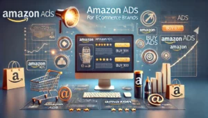 A visually engaging image representing Amazon Ads for ecommerce brands, featuring a computer displaying an Amazon product page with ads prominently shown. The image includes shopping carts, buy buttons, and upward-trending arrows, with subtle Amazon branding elements, emphasizing the effectiveness of Amazon Ads in boosting sales.