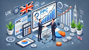 A visually compelling image representing the conclusion of Ecommerce PPC consulting, featuring a computer displaying a successful PPC dashboard with upward-trending graphs, shopping carts, and currency symbols. The scene includes a handshake symbolising partnership, with UK-specific elements like the Union Jack and British landmarks in the background.