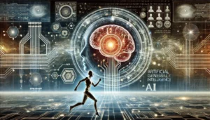 A visually intriguing image representing Artificial General Intelligence (AGI), featuring a human brain symbolically merging with digital elements like circuits, binary code, and neural networks. The scene contrasts AGI with regular AI by depicting a complex intelligence network surrounding the brain, with futuristic and technological elements in the background.

