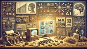 A visually historical image representing early AGI prototypes, featuring basic computer models and early AI systems with simple tasks. The scene includes vintage technology symbols like old computers and circuit boards, with visual cues indicating limitations, such as incomplete connections between domains. The background subtly incorporates elements suggesting progress and future advancements.