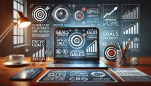 A visually clear image representing the concept of setting clear conversion goals in Conversion Rate Optimisation (CRO), featuring a computer displaying a goal-setting dashboard with specific goals like 'Increase Sales' and 'Improve Customer Retention.' The scene includes target icons, checkmarks, and upward-trending arrows, symbolising goal achievement and alignment with business objectives.

