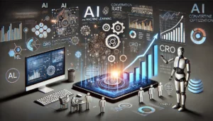 A visually engaging image illustrating the role of AI and Machine Learning in Conversion Rate Optimisation (CRO), featuring a computer displaying data analysis and user behaviour patterns. The scene includes visual representations of AI and ML as gears and circuits, along with personalised user experiences and upward-trending graphs, symbolising improved conversion rates.