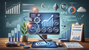 A visually compelling image representing the conclusion of Conversion Rate Optimisation (CRO), featuring a computer displaying a successful CRO dashboard with upward-trending graphs and increased conversion metrics. The scene includes a magnifying glass over key performance indicators (KPIs), a funnel symbolising the conversion process, and checkmarks indicating completed optimisations.