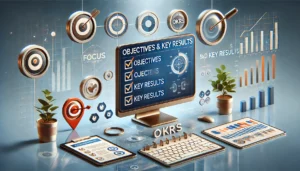 A professional image illustrating the concept of Objectives and Key Results (OKRs), featuring a dashboard with clearly defined objectives and key results. The scene includes visual cues like checkmarks for completed tasks, progress bars, and icons representing focus, such as a target, all set against a background that subtly incorporates elements of strategy and planning.