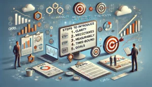 A visually engaging image illustrating the steps to introduce Objectives and Key Results (OKRs), featuring a checklist displayed on a computer screen with each step highlighted. The scene includes symbols representing clarity, measurability, and time-bound goals, such as a target, calendar, and progress bars, set against a background that subtly incorporates elements of planning and strategy. 