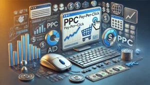 A visually clear image illustrating the concept of PPC (Pay-Per-Click) advertising, featuring a computer displaying a PPC ad on a search engine results page with a cursor clicking on the ad. The scene includes symbols such as currency signs, a mouse icon, and a graph showing an increase in traffic, with background elements representing various digital platforms.