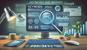 A visually clear image illustrating the importance of keywords and bidding in PPC campaigns, featuring a computer displaying a PPC dashboard with highlighted keywords and a bidding strategy interface. The scene includes a magnifying glass over keywords, a bidding slider, and currency symbols representing the cost per click, with background elements reflecting keyword research and bidding tools.