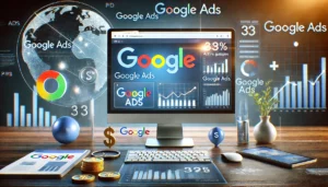 A visually engaging image representing Google Ads as the leading PPC platform, featuring a computer displaying a Google Ads dashboard with graphs and metrics. The scene includes the Google logo, a search bar with active queries, and currency symbols, with background elements like a globe, emphasizing the platform's global reach and competitiveness.

