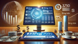 A visually informative image representing Bing Ads as a PPC platform, featuring a computer displaying a Bing Ads dashboard with campaign performance metrics. The scene includes the Bing logo, currency symbols, and a globe, emphasizing cost-effectiveness and a targeted audience.