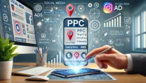 A visually engaging image representing Social Media PPC advertising on platforms like Facebook and Instagram, featuring a mobile device displaying social media feeds with PPC ads seamlessly integrated into regular posts. The scene includes targeting icons like a location pin and behaviour tracking symbols, with background elements subtly incorporating social media icons and growth indicators.