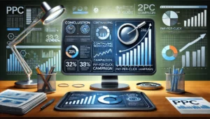 A visually compelling image representing the conclusion of a Pay-Per-Click (PPC) advertising guide, featuring a computer displaying a successful PPC campaign dashboard with upward-trending graphs and key metrics. The scene includes a magnifying glass symbolizing continuous monitoring, a target representing goal achievement, and arrows indicating optimization, reflecting the ongoing process of refining PPC strategies.