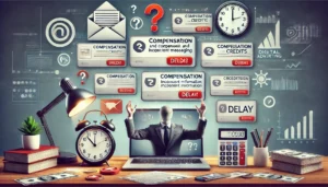 A professional image illustrating the issues of compensation and inconsistent messaging in digital advertising, featuring a computer screen with a frustrated email inbox showing multiple notifications, some mentioning credits and others lacking information. The scene includes visual cues like question marks, clocks indicating delays, and symbols of frustration, reflecting the confusion and frustration caused by inconsistent messaging.