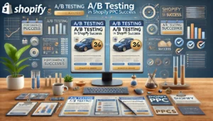 A visually informative image representing A/B testing in Shopify PPC success, featuring two different versions of an ad displayed side by side on a computer screen. The scene includes comparison charts, checkmarks for successful tests, and arrows indicating performance improvements, reflecting the process of making data-driven decisions.