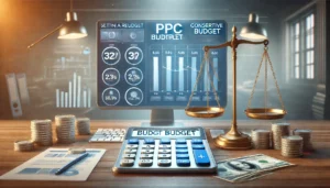 A visually clear image illustrating the concept of setting a realistic budget for PPC campaigns, featuring a computer displaying a PPC budget planning dashboard with adjustable sliders. The scene includes a scale balancing currency symbols, a conservative budget meter, and charts indicating budget adjustments over time, emphasizing the careful consideration needed in budget setting.