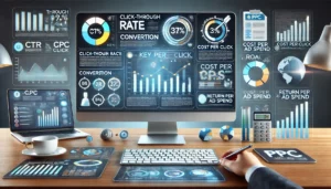 A visually informative image showing key metrics to track in PPC campaigns, featuring a computer displaying a PPC dashboard with highlighted metrics such as click-through rate (CTR), conversion rate, cost per click (CPC), and return on ad spend (ROAS). The scene includes graphs, charts, and icons representing each metric, emphasizing the importance of monitoring and optimizing these metrics for campaign success. 