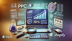 A visually conclusive image representing the success of PPC for Shopify stores, featuring a computer displaying a successful Shopify PPC campaign with upward-trending graphs, increased sales metrics, and conversion rates. The scene includes visual cues such as a magnifying glass for continuous monitoring, a target symbolizing successful strategies, and arrows indicating growth.