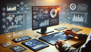 A visually informative image showing enhanced analytics integration in digital marketing, featuring interconnected dashboards from multiple analytics platforms, including Google Analytics and Northbeam, with Meta's ad system. The scene includes data-sharing arrows, combined graphs, and network symbols, emphasizing the integration and flow of data.

