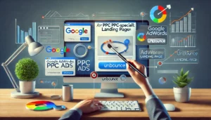 A visually informative image showing the creation of PPC-specific landing pages using Unbounce, featuring a computer screen with a tailored landing page being customized. The scene includes a Google AdWords PPC ad aligned with the landing page, a branding brush, and templates being adjusted, emphasizing the strategic alignment between PPC ads and landing pages. 