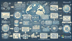 A visual representation of the Global Rollout of Performance Max campaigns, showcasing the integration process with Microsoft Advertising through importing existing Google Ads campaigns or setting up new campaigns from scratch.