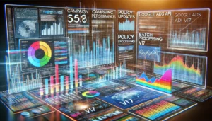 A modern digital interface showcasing multiple data analytics layers, including graphs and charts representing various aspects of digital advertising campaigns. The design is sleek and vibrant, with a focus on campaign performance metrics, policy updates, and batch processing capabilities. The background subtly integrates coding elements and API references, set in a futuristic tech environment.