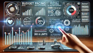 A digital interface showcasing budget pacing and monitoring tools, including graphs, budget meters, and sliders. The scene includes dynamic elements like animated gears and arrows to represent automated bid adjustments and budget management, with a focus on financial control in a technologically advanced environment.

