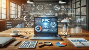 A modern workspace featuring a laptop displaying a PPC dashboard with metrics like ad performance, keyword analytics, and ROI tracking. The scene includes additional elements like charts, graphs, and icons representing keyword selection, ad copy creation, and campaign monitoring. The setting is an organised, contemporary office focused on digital marketing strategy.