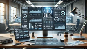 A high-tech digital marketing workspace focused on PPC management automation. A large monitor displays a dashboard with automated bidding strategies and AI-driven analytics, showing real-time bid adjustments. A sleek laptop on the desk is open to a PPC management tool with automated settings. The workspace is minimalistic and organised, featuring a coffee cup and a few notes, all illuminated with cool, modern lighting.