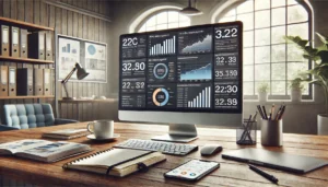 A modern digital marketing workspace featuring a computer screen with a PPC management dashboard displaying various metrics and charts. The desk includes notebooks, a cup of coffee, and a smartphone with notifications, all in a well-lit environment suggesting focus and productivity.

