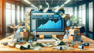 A frustrated eCommerce worker's desk with a computer screen showing a Pay-Per-Click (PPC) campaign dashboard indicating high costs and low returns. The scene includes symbols of wasted money like crumpled banknotes and empty shopping carts, set in a modern office with muted lighting.