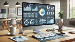 A modern office desk with a large computer monitor displaying a detailed analytics dashboard, showing various charts and graphs. Key PPC metrics like cost per conversion, click-through rate (CTR), return on ad spend (ROAS), and conversion rate are visualised on the screen. The workspace is tidy, with a notepad, pen, and coffee cup nearby. The office background is slightly blurred, keeping focus on the analytics.