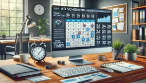 A modern office desk with a computer monitor displaying a calendar-based analytics tool, highlighting peak performance times for PPC ads. The screen shows charts and graphs with certain time slots emphasised for higher engagement. Surrounding the desk are a clock, a planner, and a cup of coffee. The background is slightly blurred, drawing focus to the ad scheduling tool.