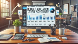 A modern office desk with a computer monitor displaying a detailed performance dashboard, highlighting high-performing PPC campaigns with charts and graphs. The screen shows metrics such as ROI, with top-performing campaigns emphasised. The desk is surrounded by items like a calculator, pen, notebook, and coffee cup, with a slightly blurred background to focus on the budget allocation tool.