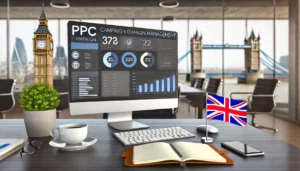 A modern workspace with a computer monitor displaying a PPC dashboard, showing various metrics and charts. The desk features a small British flag, symbolising the UK focus, and is organised with items like a notebook, coffee cup, and smartphone. The background includes a slightly blurred view of London landmarks, such as the Shard and Tower Bridge.

