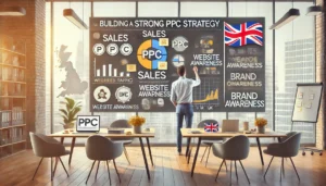 A modern office setting with a person writing on a large whiteboard that displays sticky notes, charts, and diagrams representing PPC objectives like sales, website traffic, and brand awareness. The workspace includes a desk with a laptop, notebook, and a small British flag, with a bright office background and large windows.