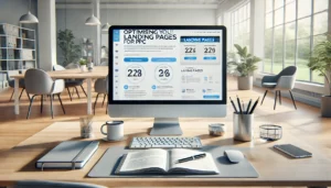 A clean, modern landing page design displayed on a large computer monitor in a bright office setting. The landing page is simple and user-friendly, with an easy-to-navigate layout, prominent call-to-action (CTA) buttons, and content relevant to the ad. The workspace includes a notebook, pen, coffee cup, and smartphone, with natural light streaming through large windows.